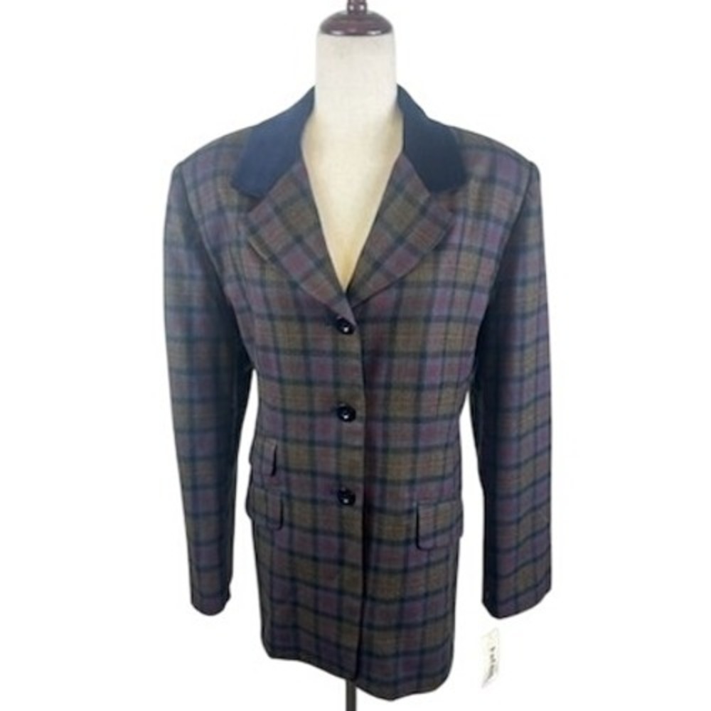 Vintage Rafael Plaid Blazer Jacket 100% Wool Velvet Collar Women's Size 16